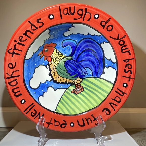 Nicole Engblom Hand Painted Large Serving Bowl Rooster Chick Egg Red Art Ceramic - Picture 3 of 14